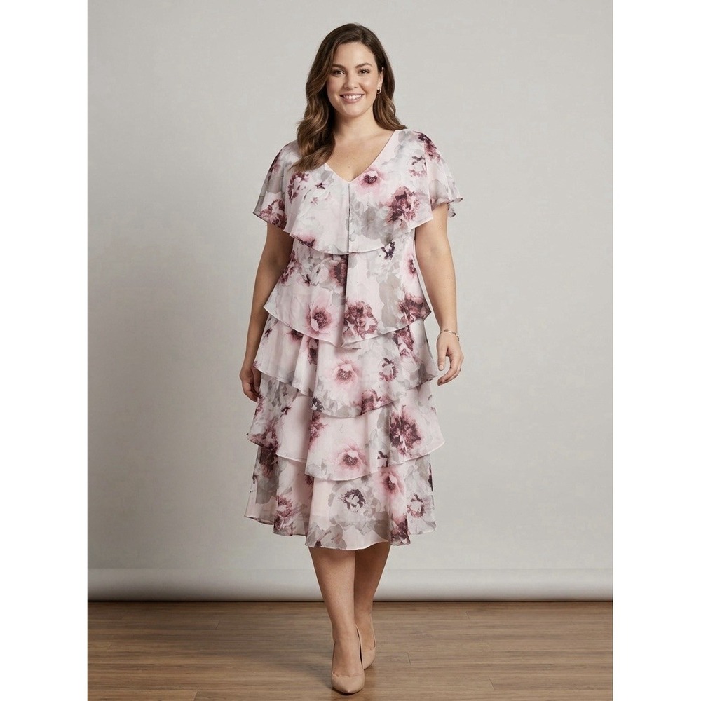 SLNY Plus 16 Pink Floral Tiered Chiffon Midi Dress Cottage Romantic Wedding